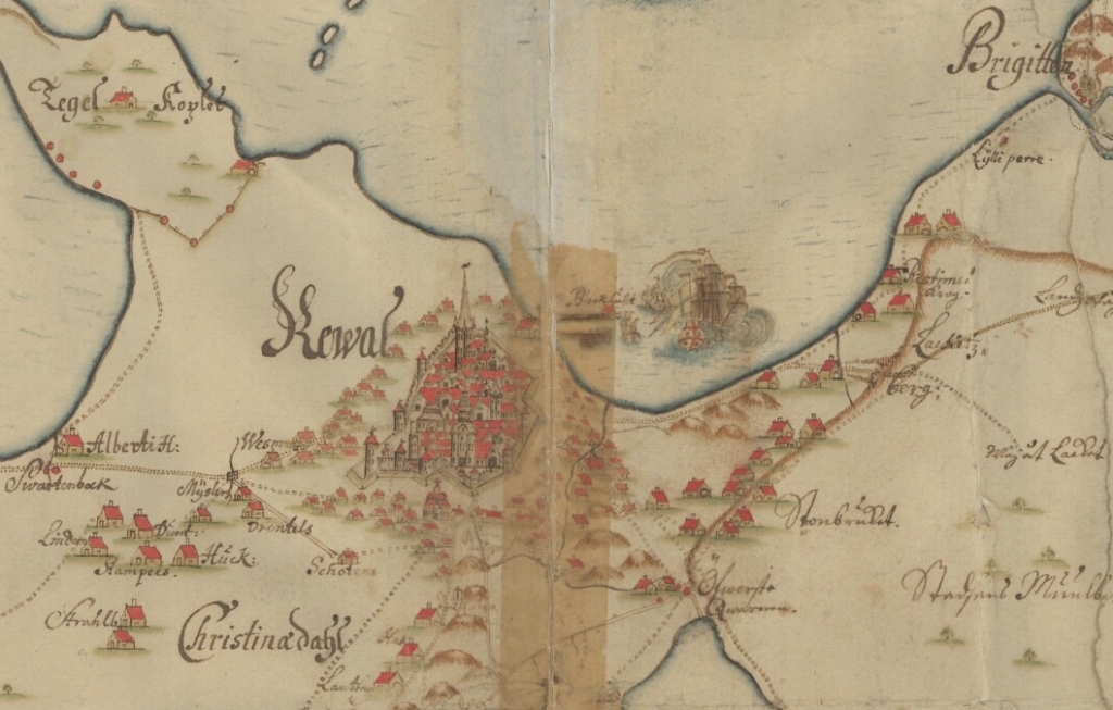 17. saj lõpu Tallinn skemaatiliselt kujutatud eeslinnadega. Detail J. Holmbergi plaanist. Rahvusarhiiv.jpg